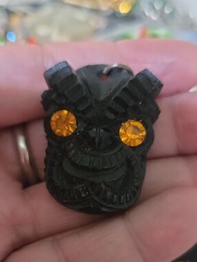 Black Carved Lava Tiki Pendant with Amber Eyes